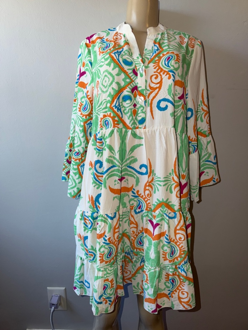 White Floral Multicolor Tiered Tunic Dress - Picture 2 of 7